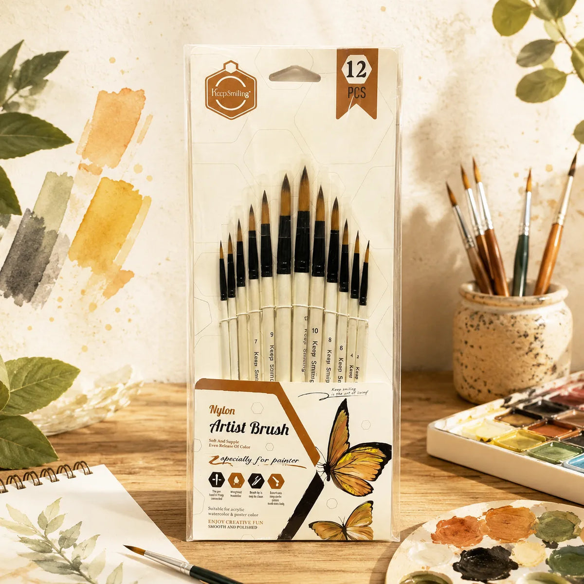 Keep Smiling Paint Brush Set | White Round | 12 Pcs