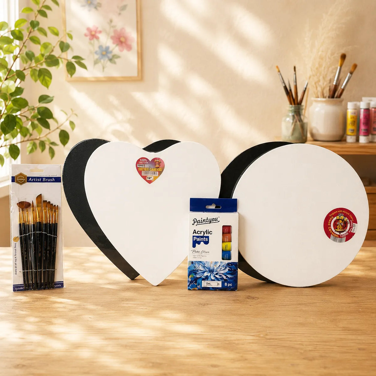 Shaped Canvas Painting Bundle | Heart + Round Canvas + Paints + Brushes | 10% Off