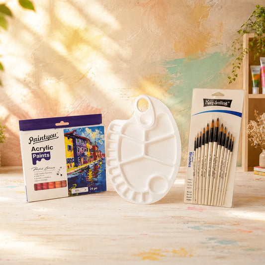 Paint & Brush Combo Bundle | 24 Acrylic Paints + Palette + Brush Set | 10% Off