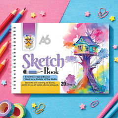 Sketchbook with colorful treehouse design on a pink and blue background with art supplies.